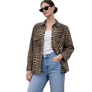 Ganni Leopard Print Button Down Shirt MEDIUM Oversized Relaxed Cotton Blouse